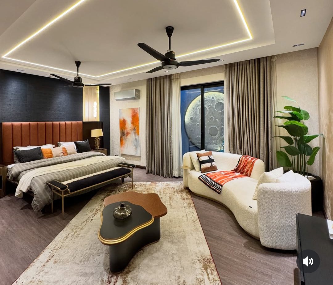 A modern bedroom set styled in the showroom